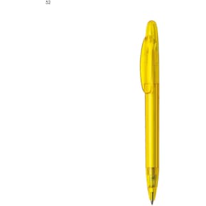 A bright yellow plastic pen with a transparent barrel and a clip. It features a logo on the surface.