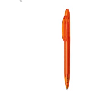 An orange plastic pen with a click mechanism and a clip. The pen features a transparent body and a pointed tip.