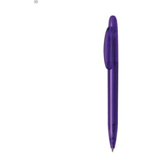 A purple plastic pen with a click mechanism and a shaped grip. It features a logo on the barrel.