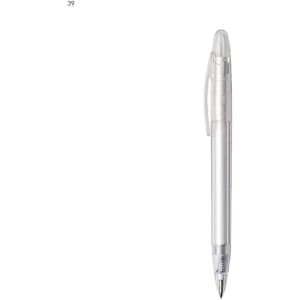 A clear plastic pen with a smooth grip and retractable tip, featuring a logo on its body.