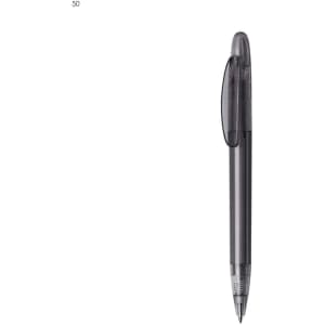 A black plastic pen with a clear cap and a smooth barrel. It features branding on the side.