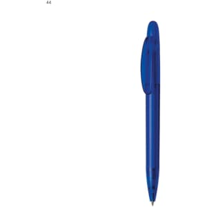 A blue plastic pen with a click mechanism and a logo.