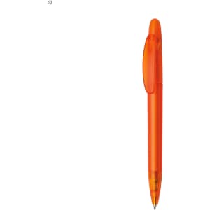 An orange plastic pen with a click mechanism and a clear grip section. The pen features a logo.