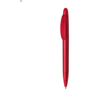 A red plastic pen with a click mechanism and a transparent barrel, featuring a branding logo.