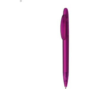 A plastic pen in vibrant purple with a click mechanism and a clear body. It features a logo on the barrel.