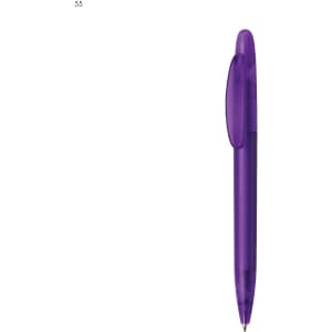 A plastic pen in a vibrant purple colour with a clear clip and barrel, featuring a logo design.