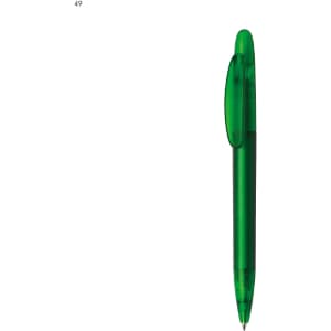A green plastic pen featuring a clear clip and a smooth design, with a logo on the body.