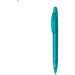 A plastic pen in a vibrant teal colour with a transparent cap and barrel, featuring a branding logo.