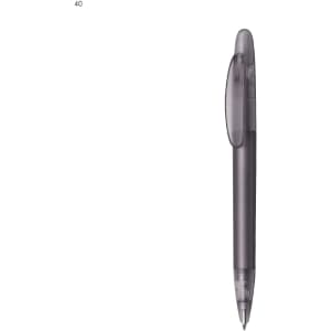 A plastic pen in grey with a click mechanism and translucent clip. It features a logo on the barrel.
