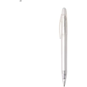 A transparent plastic pen with a frosted finish and a click mechanism, featuring a clear cap and barrel.