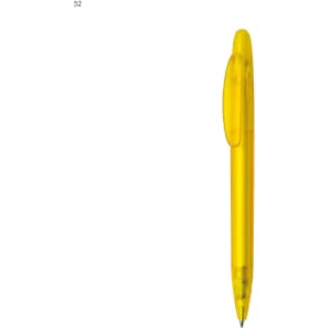 A yellow plastic pen with a transparent body and a clip, featuring a logo on the barrel.