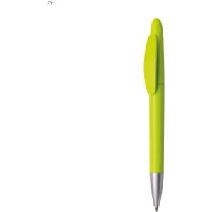 A plastic pen in vibrant lime green with a silver tip and a clip. The pen features a simple, sleek design.