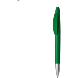 A green plastic pen with a silver tip and a matching clip, featuring a logo.