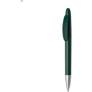 A plastic pen in matte green with a silver tip and a clip. It features a logo on the body.