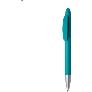 A plastic pen in a vibrant turquoise colour with a silver tip and a matching clip. It features a logo on the body.