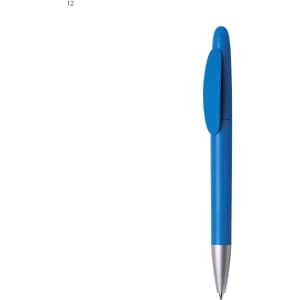 A blue plastic pen with a silver tip and a matching blue grip, featuring a logo.