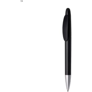 A black plastic pen with a silver tip and a clip. Features a logo on its body.
