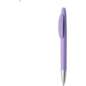 A plastic pen in a soft purple colour with a silver tip and a clip design. It features a logo on its body.