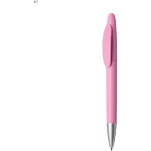 A pink plastic pen with a silver tip and a clip, featuring a smooth matte finish and a branding logo.