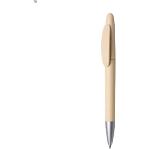 A plastic pen in a matte cream colour with a silver tip and a clip. It features a branding logo.