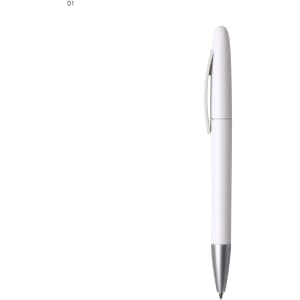 A white plastic pen with a silver tip and a clip, featuring a logo.