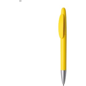 A yellow plastic pen with a silver tip, featuring a clip and a smooth design, includes a logo.