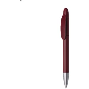 A maroon plastic pen with a silver tip and a clip on the side, featuring a logo.