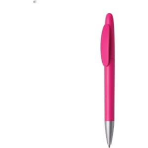 A pink plastic pen with a silver tip and a clip, featuring a logo.