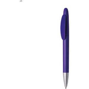 A purple plastic pen with a silver tip and a clip on the side, featuring a logo.