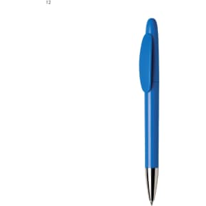A blue plastic pen with a rounded body and a clip at the top, featuring a silver tip. It has a logo present.