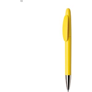 A yellow plastic pen with a clip and a silver tip, featuring a simple design and a branding logo.