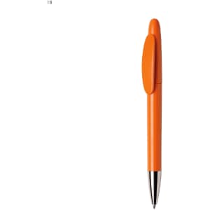 An orange plastic pen with a silver tip and clip, featuring a simple design and a logo on the barrel.