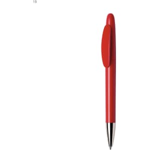 A red plastic pen with a shiny silver tip and a clip on the side. The pen has a sleek, smooth design and features a logo.
