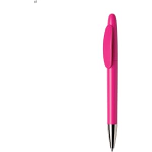 A plastic pen in bright pink with a chrome tip, featuring a clip and a smooth, streamlined design.