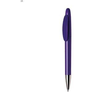 A plastic pen in vibrant purple with a silver tip and a clip for attachment. Features a logo on the barrel.