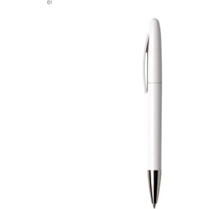 A white plastic pen with a silver tip and a clip for attachment. It has a logo on the surface.