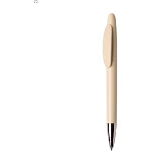 A plastic pen in a light beige colour with a shiny silver tip and a clip, featuring a logo.