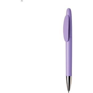 A purple plastic pen with a clip and a silver tip, featuring a simple design and a branding logo.