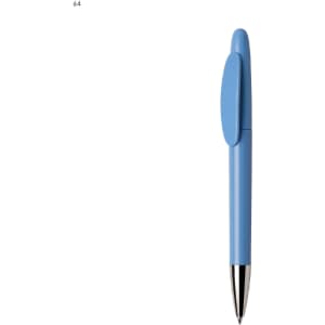A blue plastic pen with a sleek design and a clip. It features a shiny silver tip and has a logo.