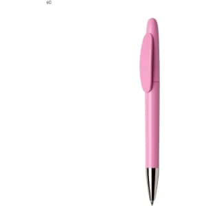 A pink plastic pen with a clip and a silver tip. The pen features a smooth design and a logo.