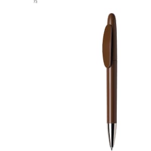 A brown plastic pen with a shiny silver tip and a clip. The pen features branding on its surface.