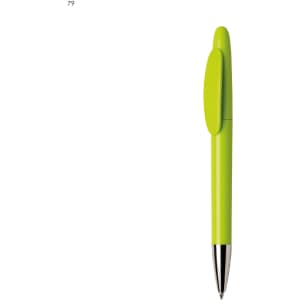 A bright green plastic pen with a click mechanism and a silver tip, featuring a branding logo.