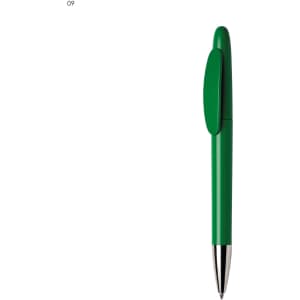 A green plastic pen with a clip and a silver tip, featuring a logo on the body.