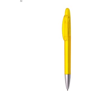 A yellow plastic pen with a transparent body and a silver tip. It features a clip and a simple design.