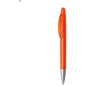 An orange plastic pen with a silver tip and a transparent clip, featuring a logo on the barrel.