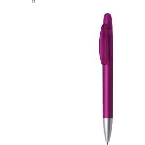 A plastic pen in a vibrant purple colour with a silver tip and a clip. It features a logo on its body.
