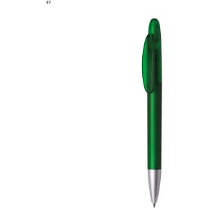 A plastic pen in translucent green with a silver tip and a clip. The pen features a simple design and has a logo.