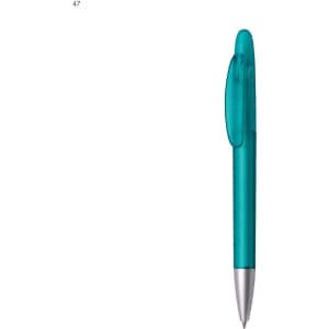 A plastic pen in a vibrant teal hue with a transparent barrel and silver trim. It features a clip and a branding logo.