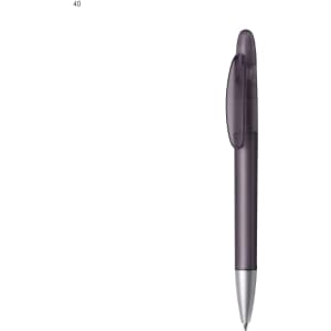 A plastic pen in a dark purple colour with a silver tip and a clip, featuring a logo on the barrel.