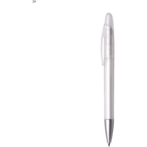 A transparent plastic pen with a silver tip and a clip, featuring a simple design and a branding logo.